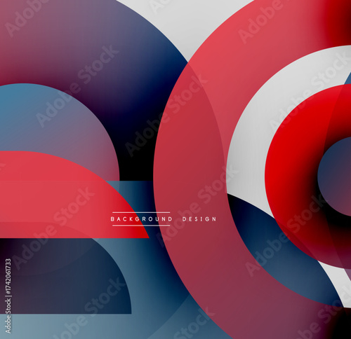 Abstract overlapping circles create dynamic composition. Red, blue, purple hues blend smoothly. Modern design element.