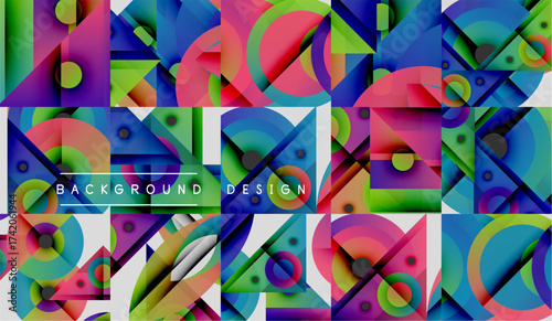 Abstract geometric pattern. Vibrant colors, shapes overlap creating dynamic visual texture. Modern design elements present.