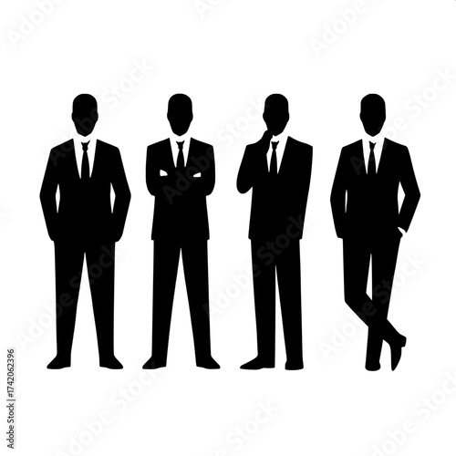 "Corporate illustration featuring four formal male figures, pure black silhouettes on white, modern minimalist design style