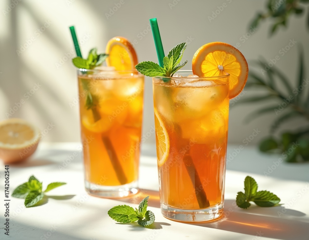 Fototapeta premium Two glasses with iced tea. Refreshing summer drinks with orange slices and mint. Cold beverage in sunlight with ice cubes. Citrus flavors with herbal aroma.