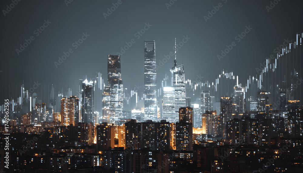 Obraz premium Urban skyline view with economic data overlay, showcasing modern architecture and city lights