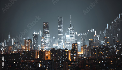 Wallpaper Mural Urban skyline view with economic data overlay, showcasing modern architecture and city lights Torontodigital.ca