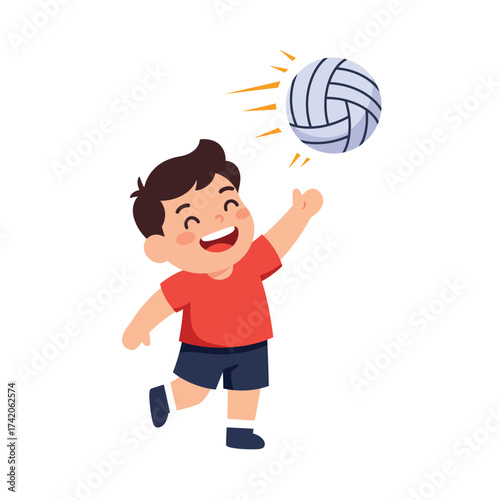 Joyful young boy happily playing volleyball outdoors, reaching up to catch the ball with a cheerful expression.