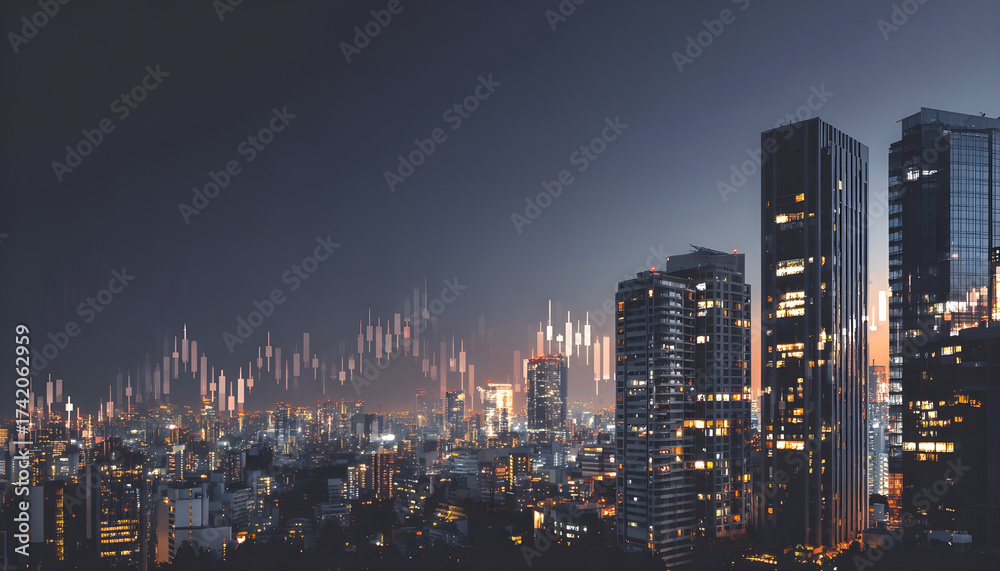 Obraz premium Urban skyline view with economic data overlay, showcasing modern architecture and city lights