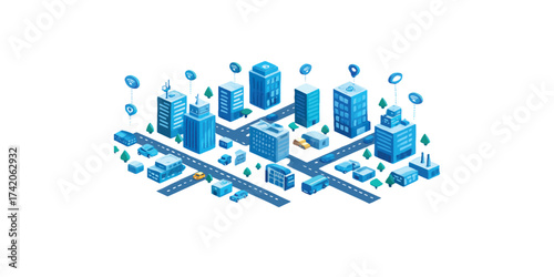 Print  Isometric flat style smart city with buildings and cars vector