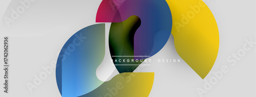 Abstract colorful shapes overlap, creating dynamic visual effect. Gradient hues blend smoothly, offering modern aesthetic.