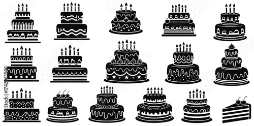 Black and White Birthday Cake Illustration Set — 15 Unique Cake Designs with Tiers, Candles, and Decorative Patterns for Coloring Pages, Greeting Cards, Party Graphics, and Celebration Design