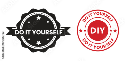 DIY do it yourself. Lettering abbreviation logo circle stamp set. Vector illustration. Round Template for print design label, badge rubber seal stamp on white background. Black and red color.