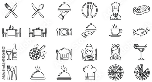 Dining and Culinary Line Icons – 24 Black-and-White Vector Illustrations of Food, Utensils, Chefs, Tables, and Beverages