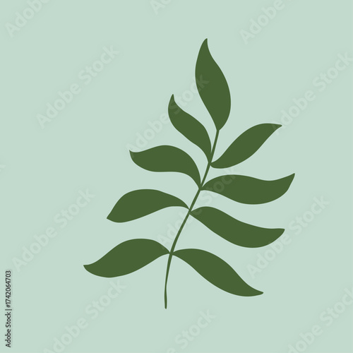 Minimalist illustration of a green fern frond on a pale blue background
