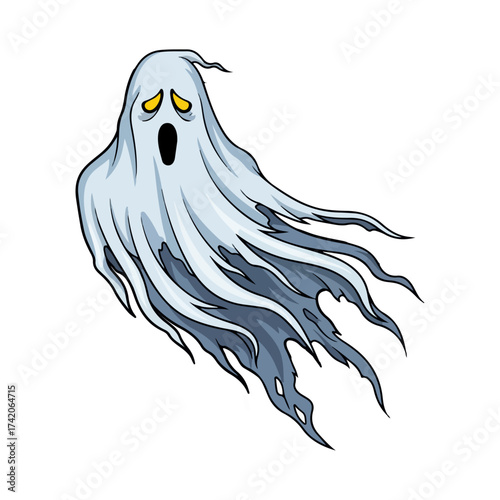 Spooky Ghost Vector with Torn Sheets and Glowing Eyes, Flat Design