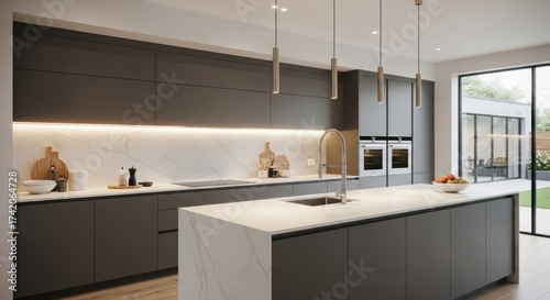 Modern Charcoal Grey Kitchen with White Marble Island, Integrated Appliances, Under-Cabinet Lighting, and Open Garden View