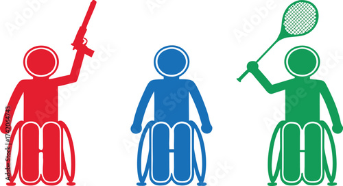 Diversity and Inclusion Concept with Red Blue and Green Figures in Wheelchairs Participating in Various Activities on White Background