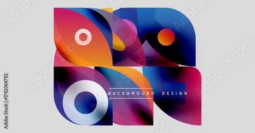 Abstract colorful design. Overlapping shapes create dynamic visual effect. Gradient hues blend smoothly, modern aesthetic.