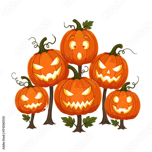 Vector Halloween Pumpkin Head Characters with Glowing Faces