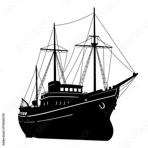 Silhouette of a classic three-masted sailing ship underway majestic nautical vessel silhouette Flat design vector illustration isolated on a white background