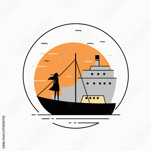 Silhouette of a person on a ship deck during a vibrant sunset over the ocean silhouette Flat design vector illustration isolated on a white background