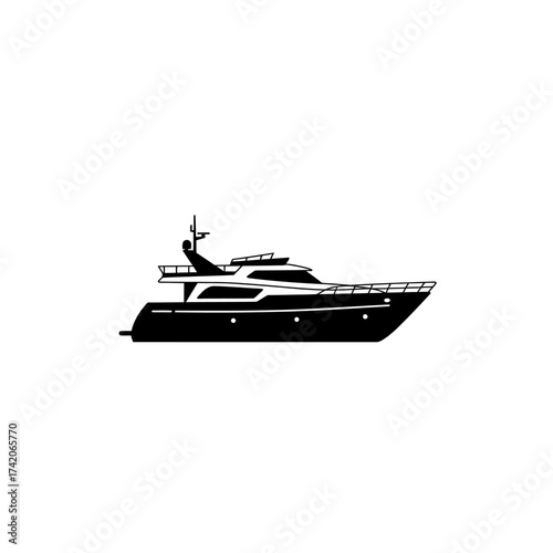 Sleek motor yacht silhouette isolated nautical vessel ocean travel luxury transport silhouette Flat design vector illustration isolated on a white background