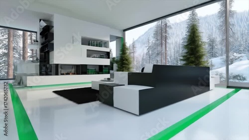 Modern interior design living room with large windows and snow view