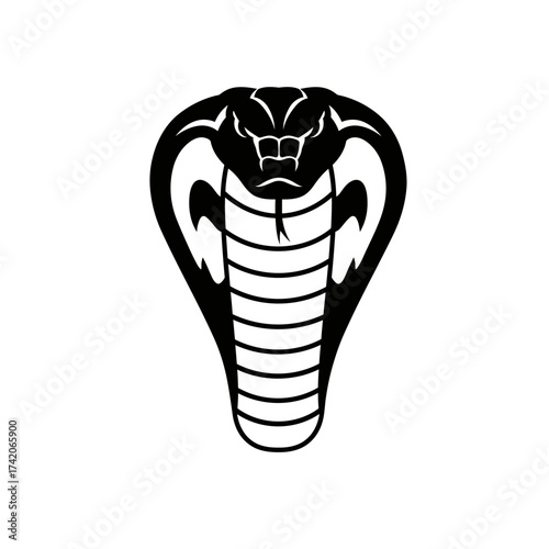Ferocious cobra head graphic bold tattoo design fierce reptile symbol striking pose silhouette Flat design vector illustration isolated on a white background