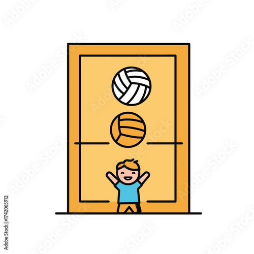Young boy happily jumps towards volleyballs inside a court, symbolizing sports and active childhood play.