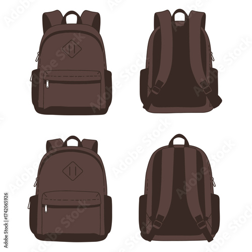 Versatile brown backpacks shown from front and back multiple views for design and product showcase silhouette Flat design vector illustration isolated on a white background