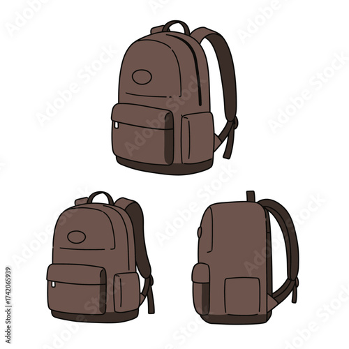 Three brown backpacks displayed from different angles showing design and features silhouette Flat design vector illustration isolated on a white background