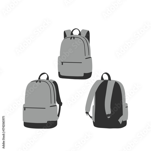 Three modern gray backpacks for everyday use and travel collection silhouette Flat design vector illustration isolated on a white background