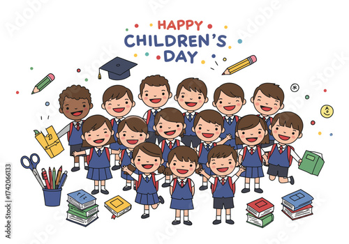 Cheerful Cartoon Children in School Uniforms Celebrating Childrens Day.