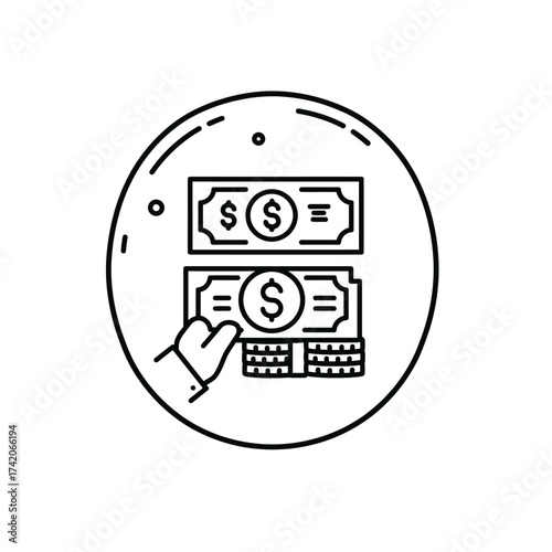 Financial transaction icon depicting currency exchange and hand offering money for services silhouette Flat design vector illustration isolated on a white background