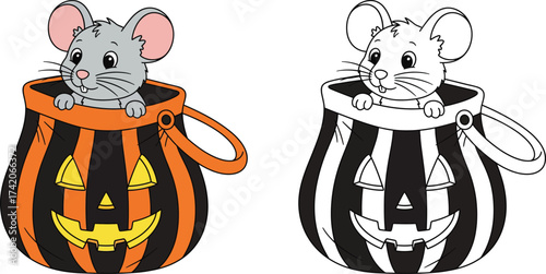 Adorable Mouse Peeking from Halloween Jack-o'-Lantern Candy Bag