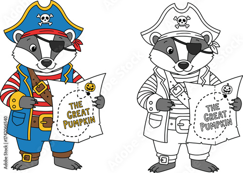 Cute Badger Pirate with Eyepatch and Hat Holding a Treasure Map for "The Great Pumpkin" Adventure