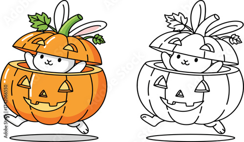 Cute Bunny Hiding in a Jack-o'-Lantern Pumpkin - Adorable Halloween Animal Illustration for Kids' Seasonal Designs