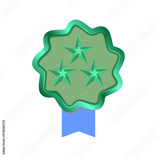 Shiny green Star Achievement Badge with Blue Ribbon, ​Premium Quality green Award Seal or Certificate Icon, Wavy-Edged Metallic Medal with Central Star Design