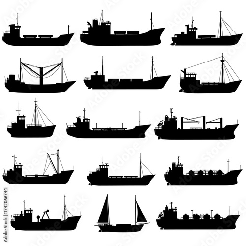 Collection of ship silhouettes nautical vessels maritime transportation cargo boats fishing trawlers sailboats diverse fleet silhouette Flat design vector illustration isolated on a white background