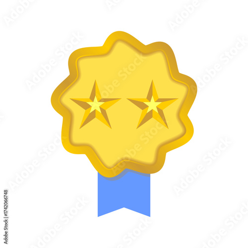 Shiny gold  Star Achievement Badge with Blue Ribbon, ​Premium Quality gold Award Seal or Certificate Icon, Wavy-Edged Metallic Medal with Central Star Design