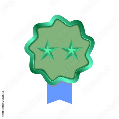 Shiny green Star Achievement Badge with Blue Ribbon, ​Premium Quality green Award Seal or Certificate Icon, Wavy-Edged Metallic Medal with Central Star Design