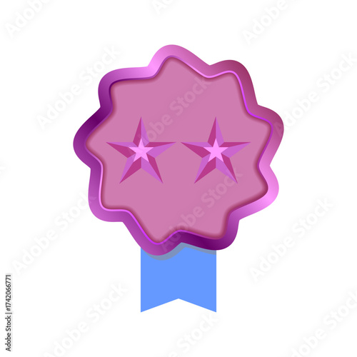 Shiny purple Star Achievement Badge with Blue Ribbon, ​Premium Quality purple Award Seal or Certificate Icon, Wavy-Edged Metallic Medal with Central Star Design