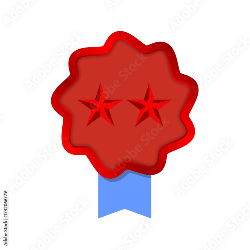 Shiny red ruby Star Achievement Badge with Blue Ribbon, ​Premium Quality red ruby Award Seal or Certificate Icon, Wavy-Edged Metallic Medal with Central Star Design
