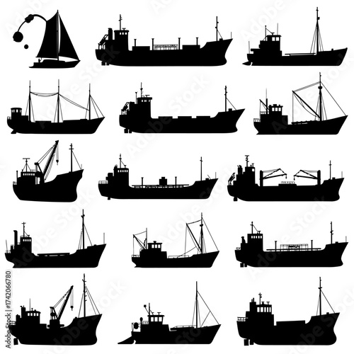 Collection of diverse ship silhouettes maritime vessels including sailboats cargo ships and tugs nautical design elements silhouette Flat design vector illustration isolated on a white background