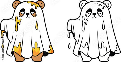 Sad Panda Bear Ghost Drenched in Honey - Unique and Whimsical Halloween Cartoon for Spooky Cute Designs