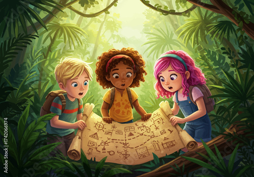 Animated Children Discovering a Treasure Map in a Lush Jungle Setting.
