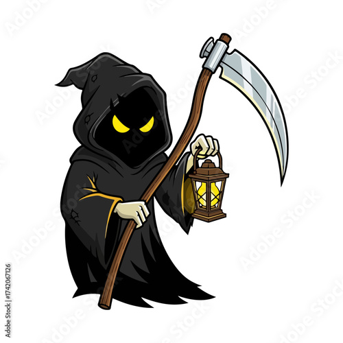 Cartoon Grim Reaper Vector with Lantern and Scythe