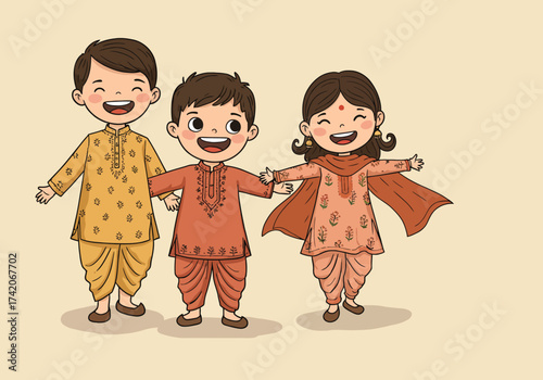 Cartoon Children in Traditional Indian Clothing Smiling and Cheerful.
