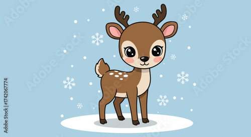 Adorable cartoon fawn with antlers standing in snow.