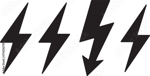 Lightning Bolt Vector Illustration Set Energetic Thunderstorm Graphic for Designs and Creative Projects Collection of Four Bold Black Shapes