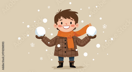Cheerful cartoon boy holding snowballs in winter wearing a warm coat and scarf.
