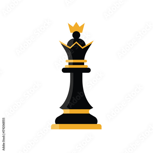 Elegant black and gold chess queen piece isolated on a white background, symbolizing strategy and royalty.