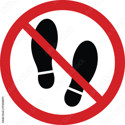 Prohibition Sign for Walking or Footprints with a Red Circle and Slash Representing No Trespassing or Restricted Area Zone