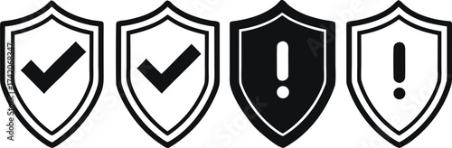 Shield Icons with Checkmark and Exclamation Point Representing Security and Alerts in a Flat Design Vector Illustration